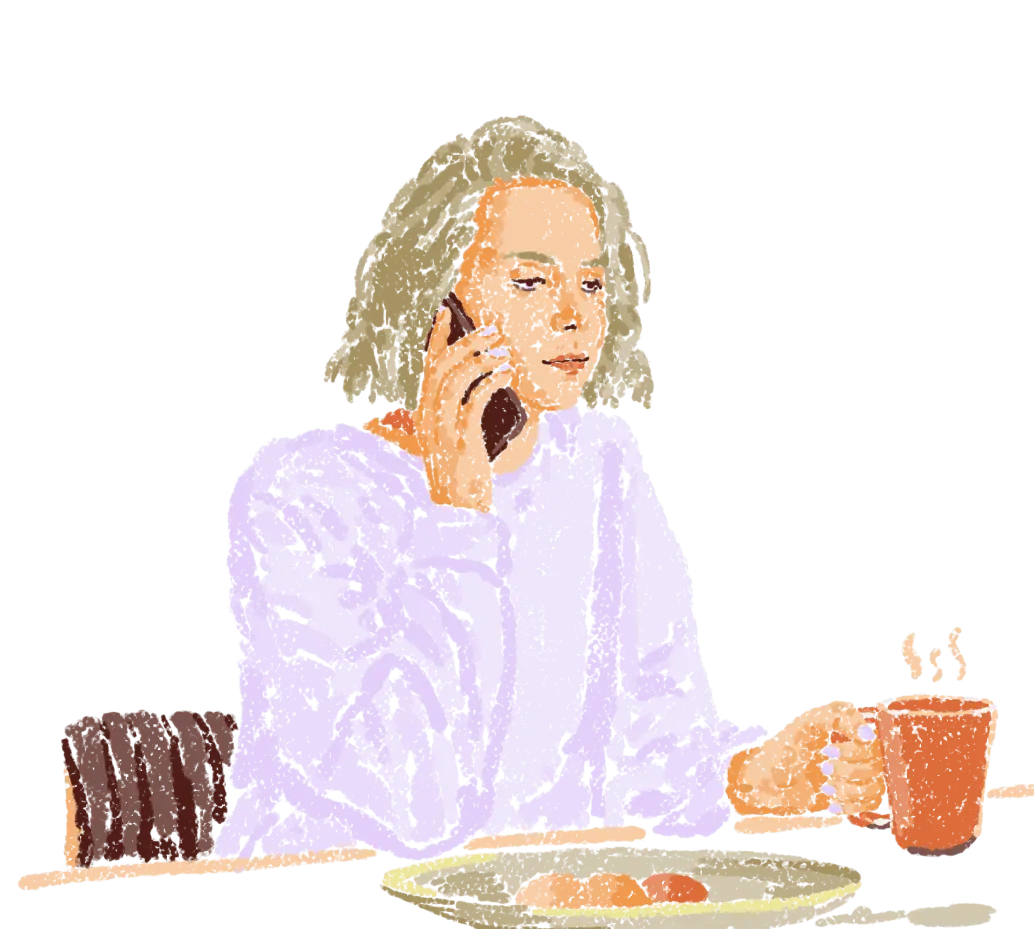 Il·lustració d'una dona prenent un cafè i atenent una trucada